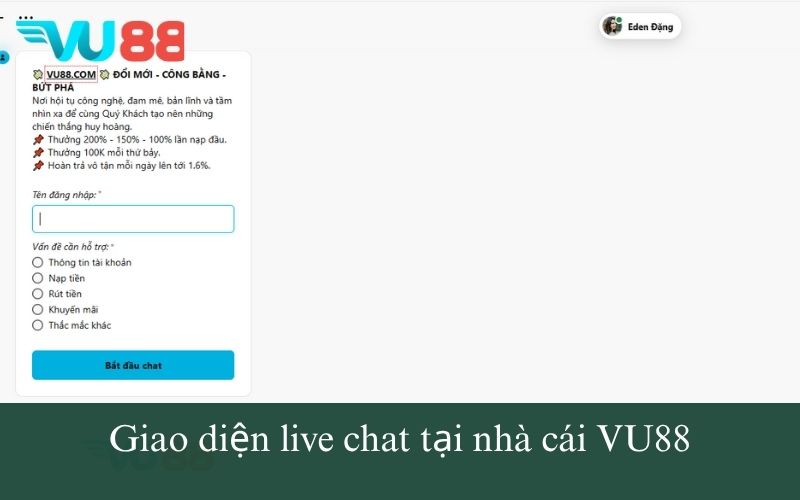 Giao diện live chat tại nhà cái VU88