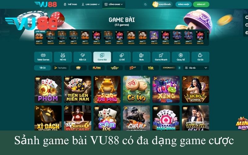 Sảnh game bài VU88 có đa dạng game cược