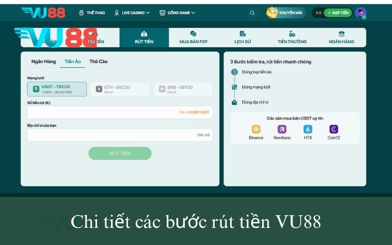 Chi tiết các bước rút tiền VU88